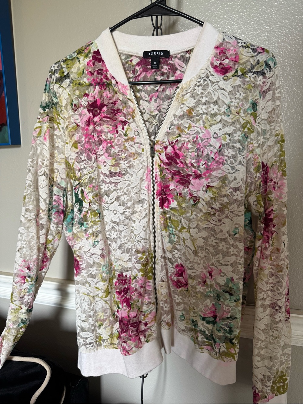 Torrid Cream Lace Bomber with Pink Floral Accents